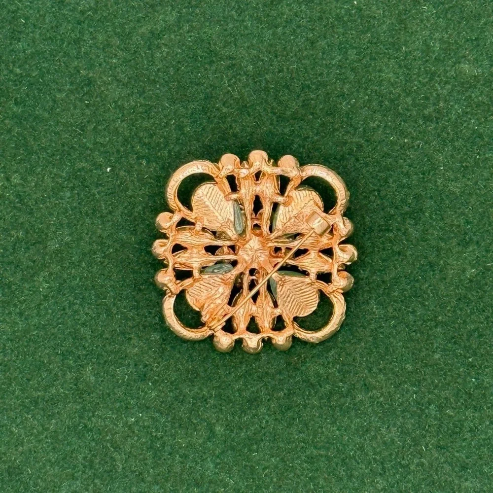 Gold Tone Rhinestone Flower Brooch Faux Pearl Green Lucite Pin 1.5